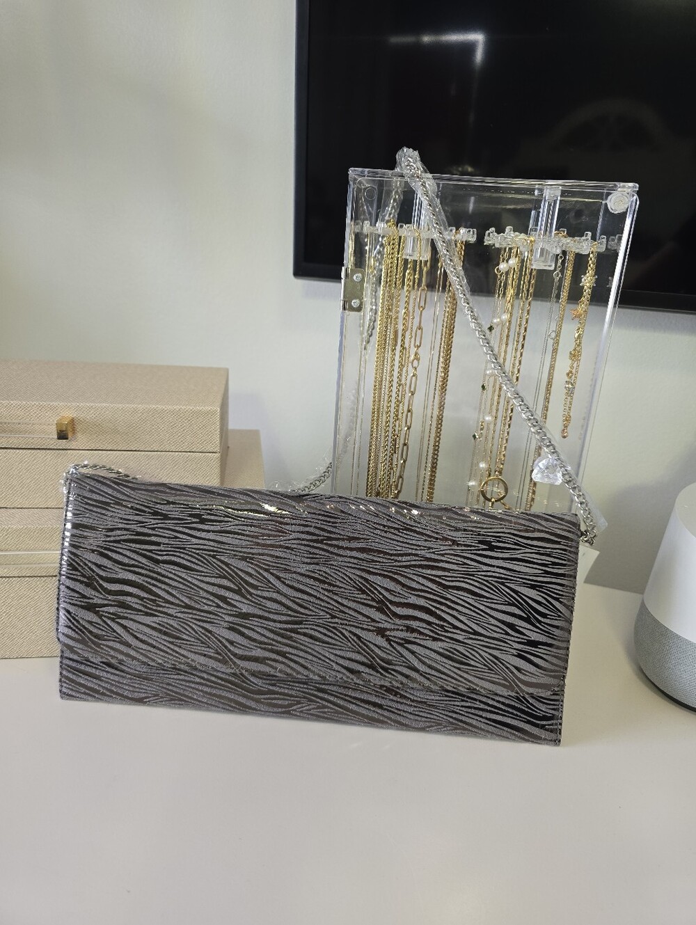 Carlos Falchi NWT Silver Zebra-Texture Evening Clutch with Chain Strap